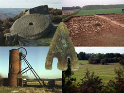 millstone, engine house, dig site, field and flint spearhead