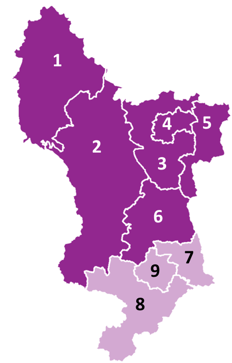 Option A – Map of Derbyshire showing the county being split into two unitary authorities with, Amber Valley, Bolsover, Chesterfield, Derbyshire Dales, High Peak and North East Derbyshire to the North and Derby City, Erewash and South Derbyshire in the Sou
