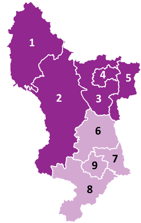 Option B – Map of Derbyshire showing the county being split into two unitary authorities with, Bolsover, Chesterfield, Derbyshire Dales, High Peak and North East Derbyshire to the North and Amber Valley, Derby City, Erewash and South Derbyshire in the Sou