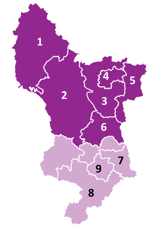 Option C - Map of Derbyshire showing the county being split into two unitary authorities with, Bolsover, Chesterfield, High Peak and North East Derbyshire to the North and Derby City, Erewash and South Derbyshire in the South, with Amber Valley and Derbys
