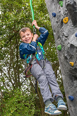boy wearing a harness climbing a tree