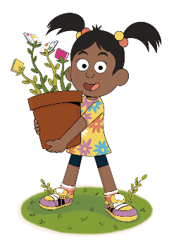 cartoon girl holding a flowerpot with book shaped flowers inside