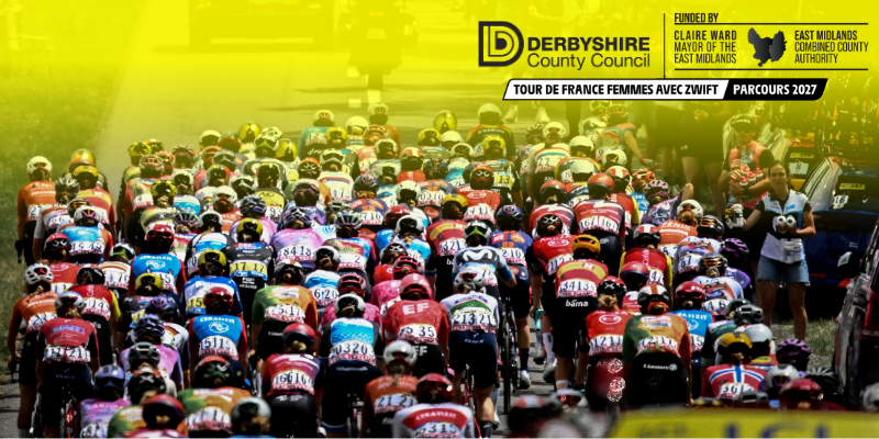 A large group or riders, cycling uphill in the Tour de France Femmme race