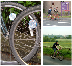 montage of cycle wheels, 2 people on a tandem and a man on a bicycle