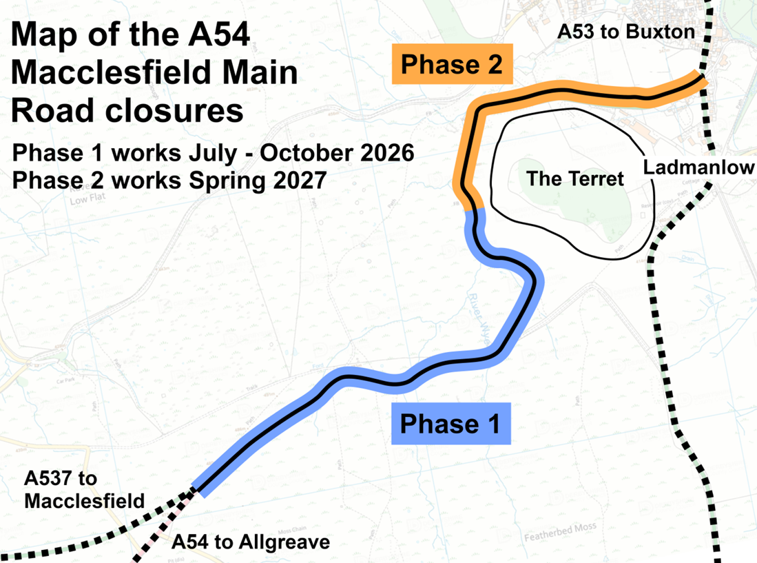 Map of the A54 Macclesfield Main Road closures showing phase 1 and phase 2 closures between the A537 to Macclesfield and the A53 to Buxton